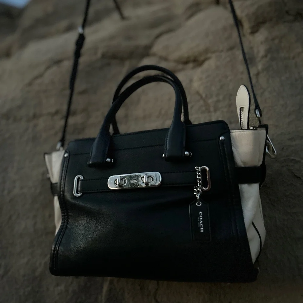 Coach Black and Cream Swagger Satchel with Silver Hardware